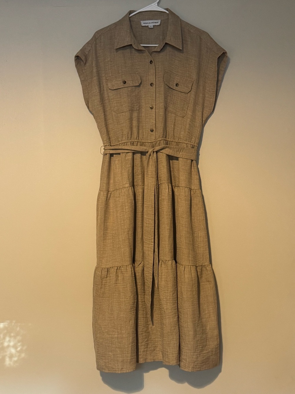 Emma & Michele Tan Utility Shirt Dress Tie Waist Tiered Midi Large - Picture 3 of 8